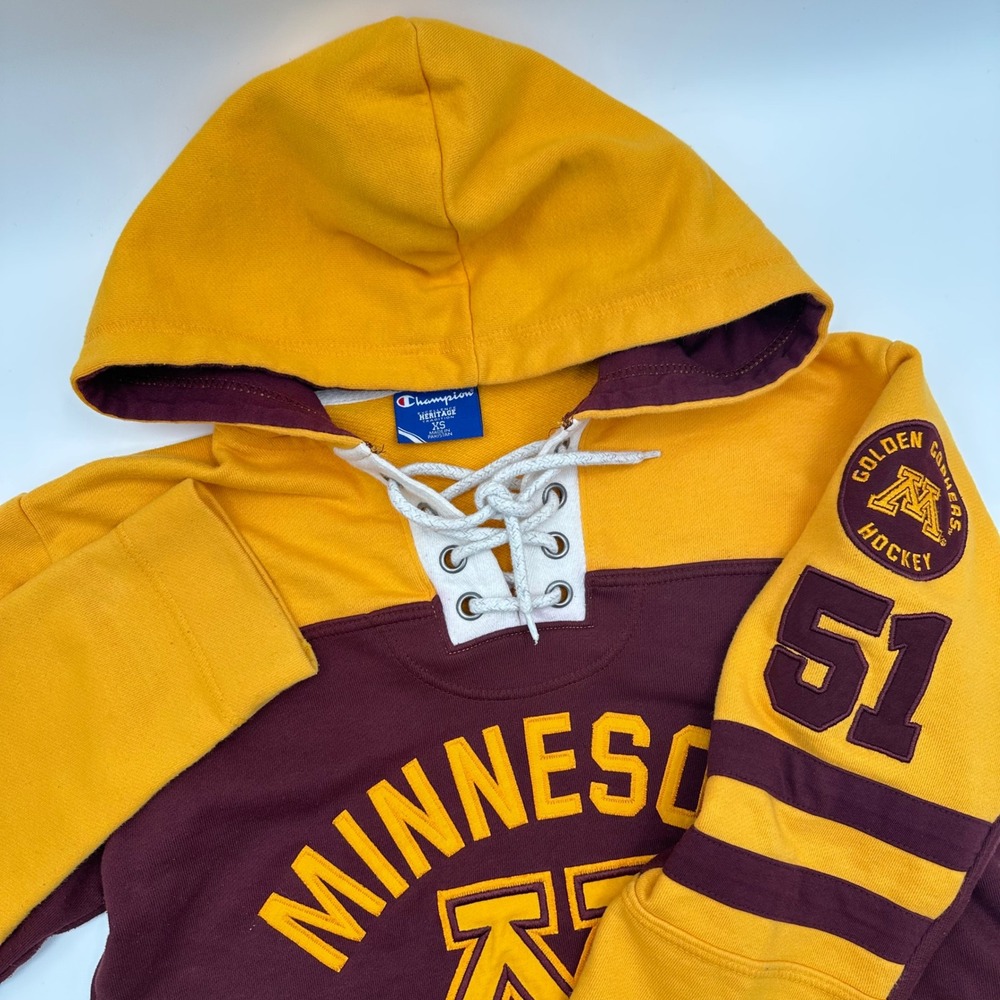 Champion Minnesota Golden Gophers Hockey Lace Up Hoodie Maroon Gold Mens‎ XS 51